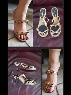 RARE, CHANEL Beige Bow-Accent 3" Slide Sandals